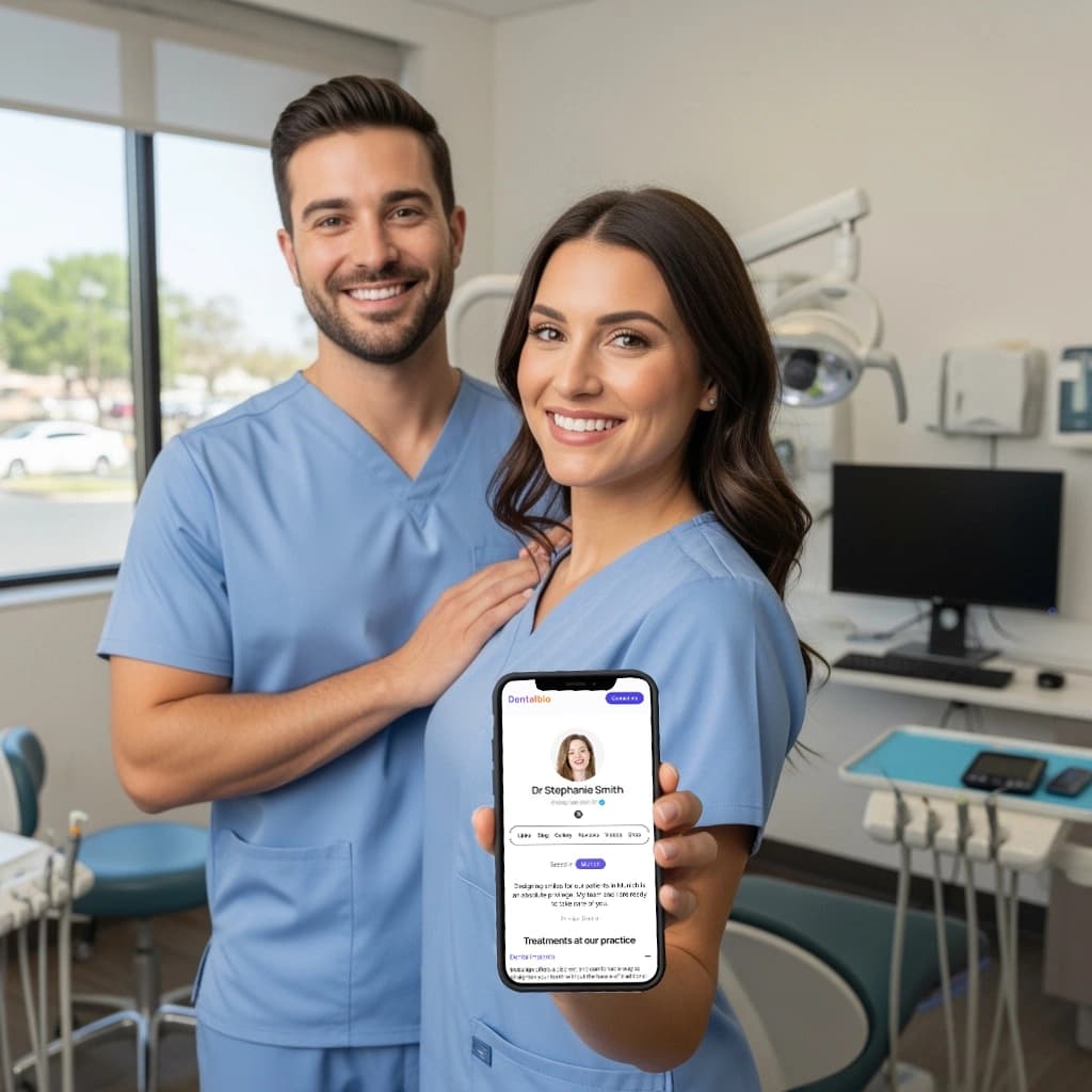 Dentists holding phone with website
